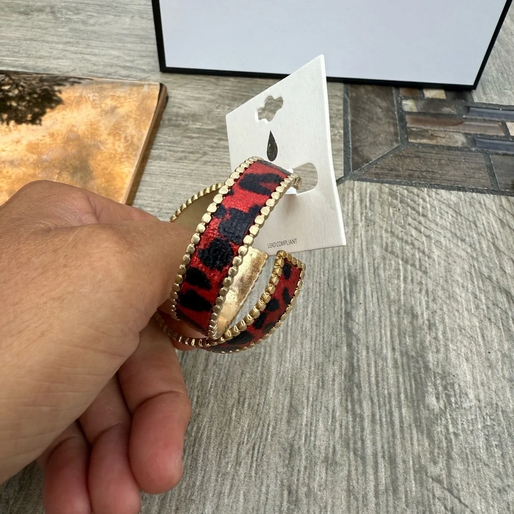 Gold Hoop Earrings with Red Leopard Print Accent